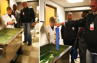 Mick demonstrates the cleaning capabilities of Morantz Ultrasonics at a hospital with the portable Z-56 “Bubba”
