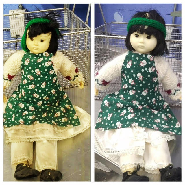 Before and After: A doll cleaned with Morantz Ultrasonics