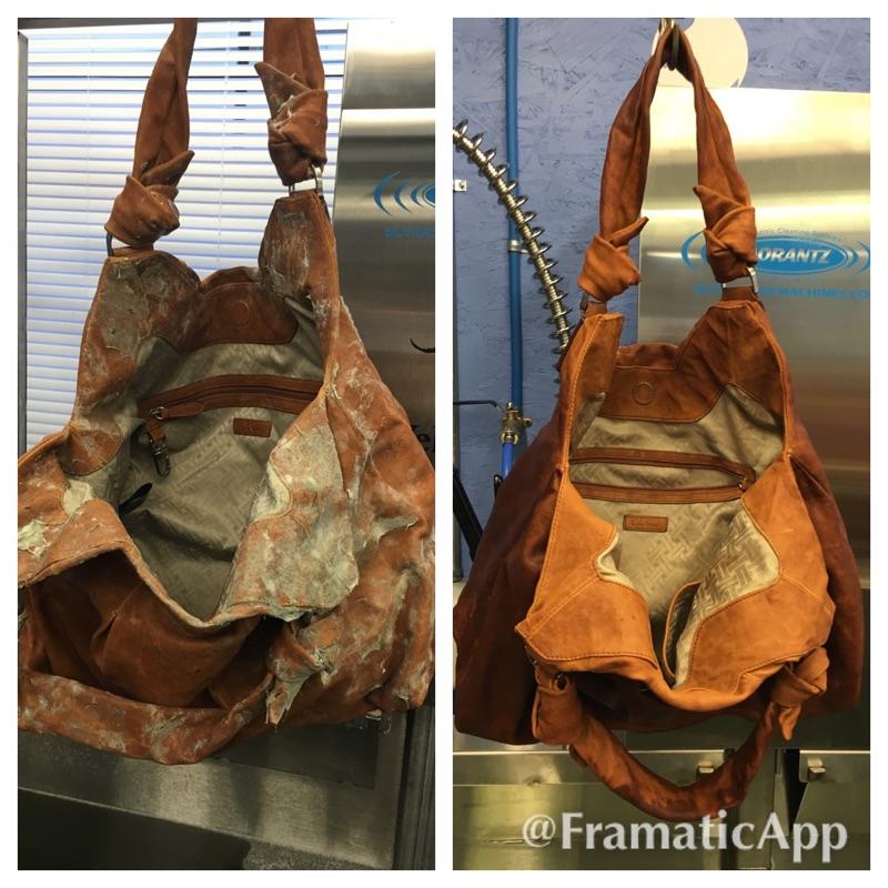 Leather handbag before and after ultrasonic cleaning